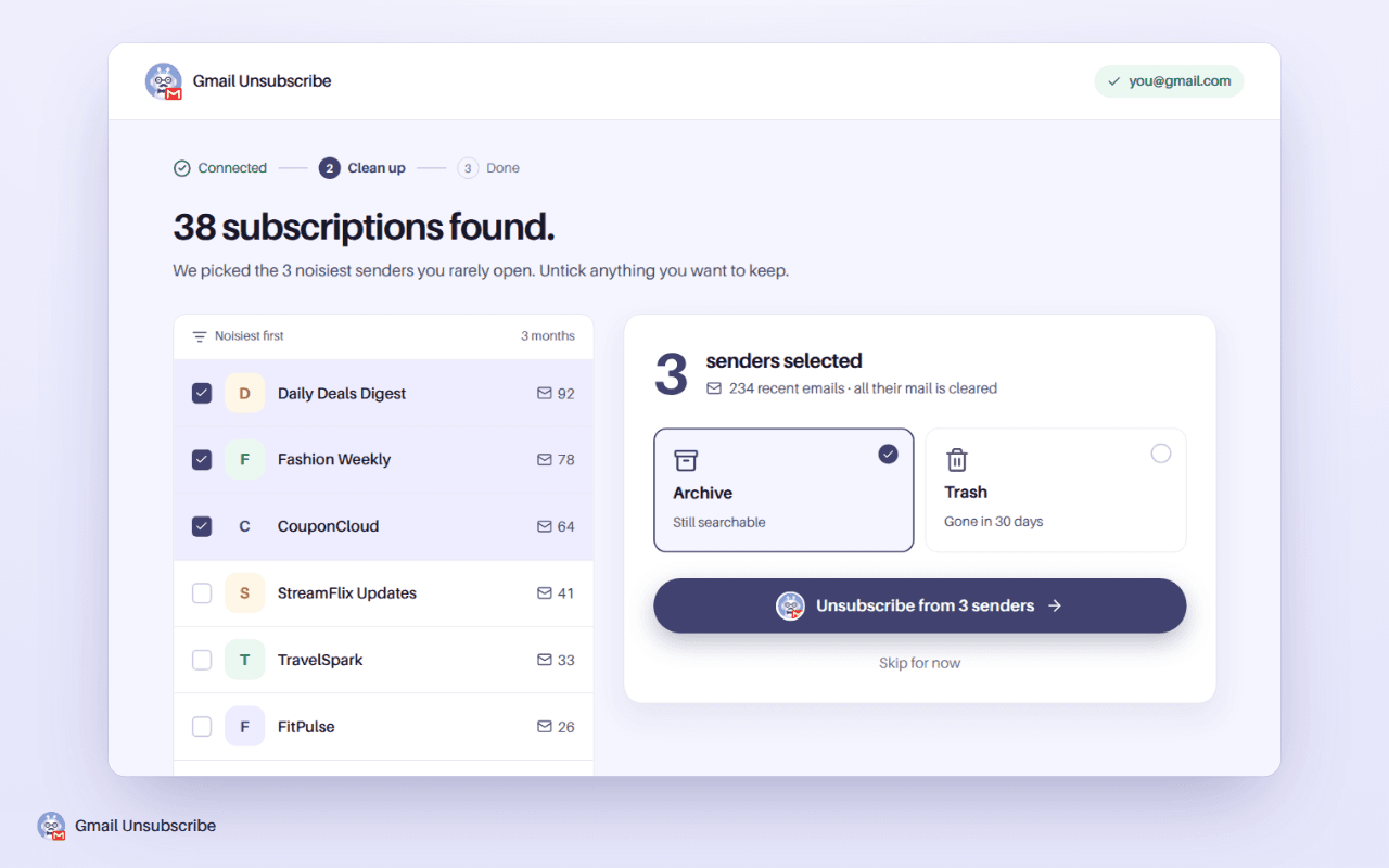 Gmail Unsubscribe's first cleanup: 38 subscriptions found, the three noisiest ticked, with Archive or Trash and one Unsubscribe button