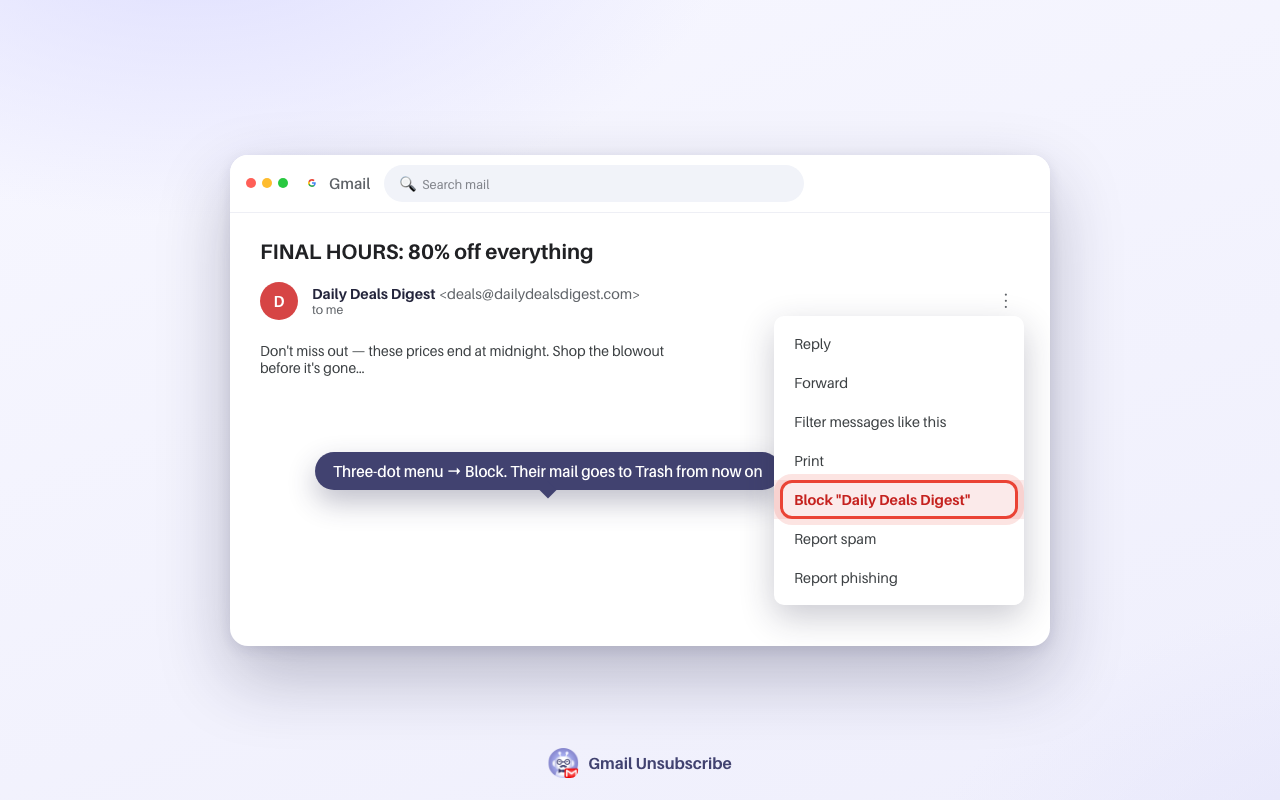 Illustration of Gmail's three-dot message menu with the Block sender option highlighted
