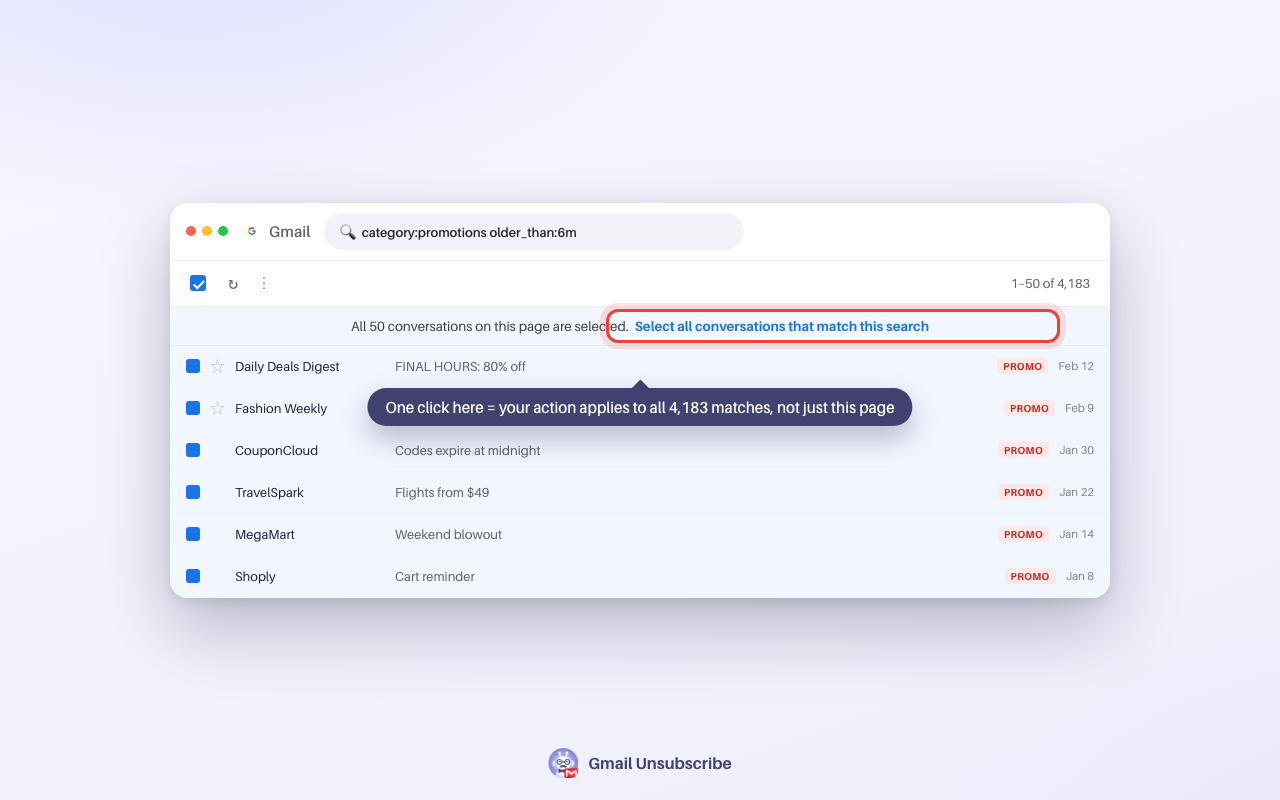 Illustration of Gmail's select-all-conversations-that-match-this-search link after selecting a page of search results